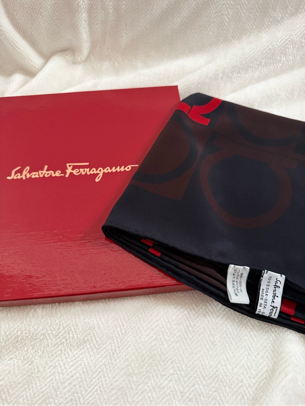 Salvatore Ferragamo Black Silk Scarf with Red Logo Accents